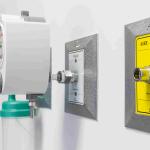 Toma de gases medicinales empotrada en pared con válvula de corte y panel de identificación uso médico