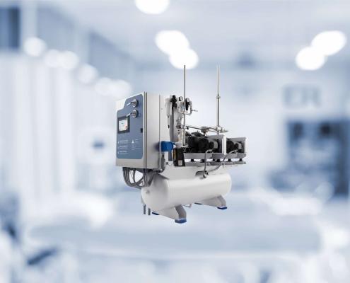 Central de vacío clínico con compresores dúplex instalada en entorno hospitalario, bajo norma NFPA 99