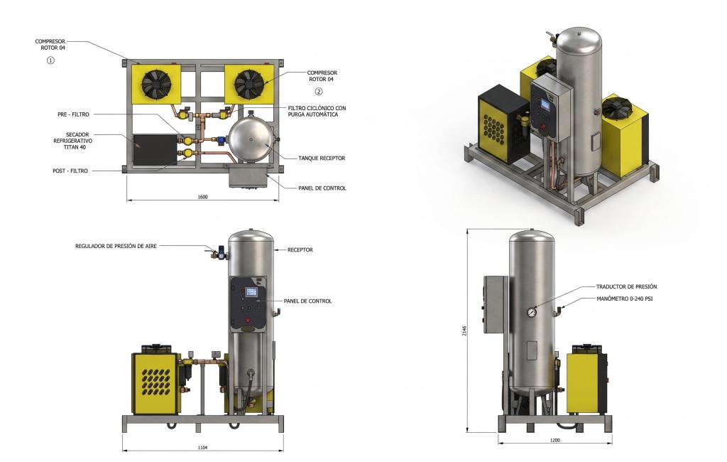 Render técnico de central de aire comprimido medicinal modular tipo SKID desarrollada por ZHI, con dos compresores rotor, secador refrigerativo, filtros ciclónicos, tanque receptor y panel de control PLC