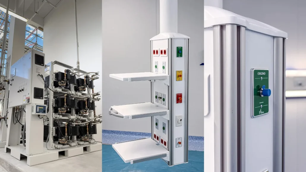 Central de aire comprimido medicinal, panel colgante con tomas de gases y toma de oxígeno del sistema de gases medicinales instalado por ZHI en el Hospital EsSalud Cajamarca